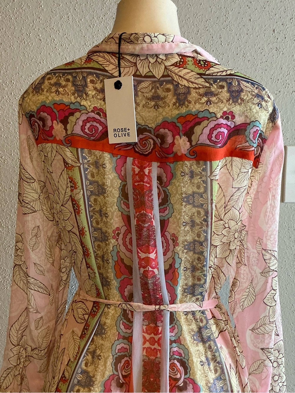 Rose + Olive Women’s Sheer Floral Swimsuit Cover-Up Belted Kimono with Side Slit - Picture 7 of 11
